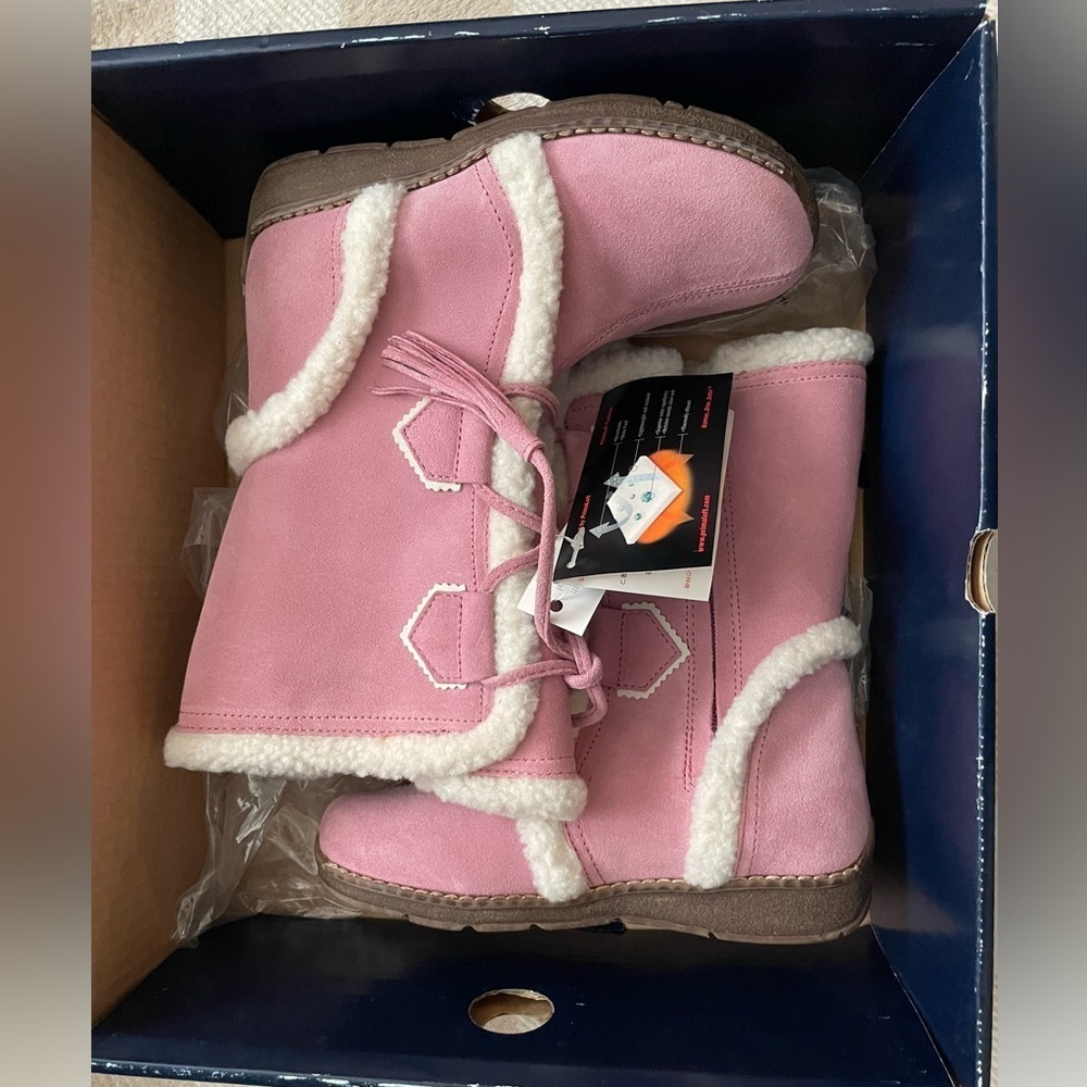 Lands' End G Faux Sherling with Tassels Pink Kids Boots with Cream Accents Girl